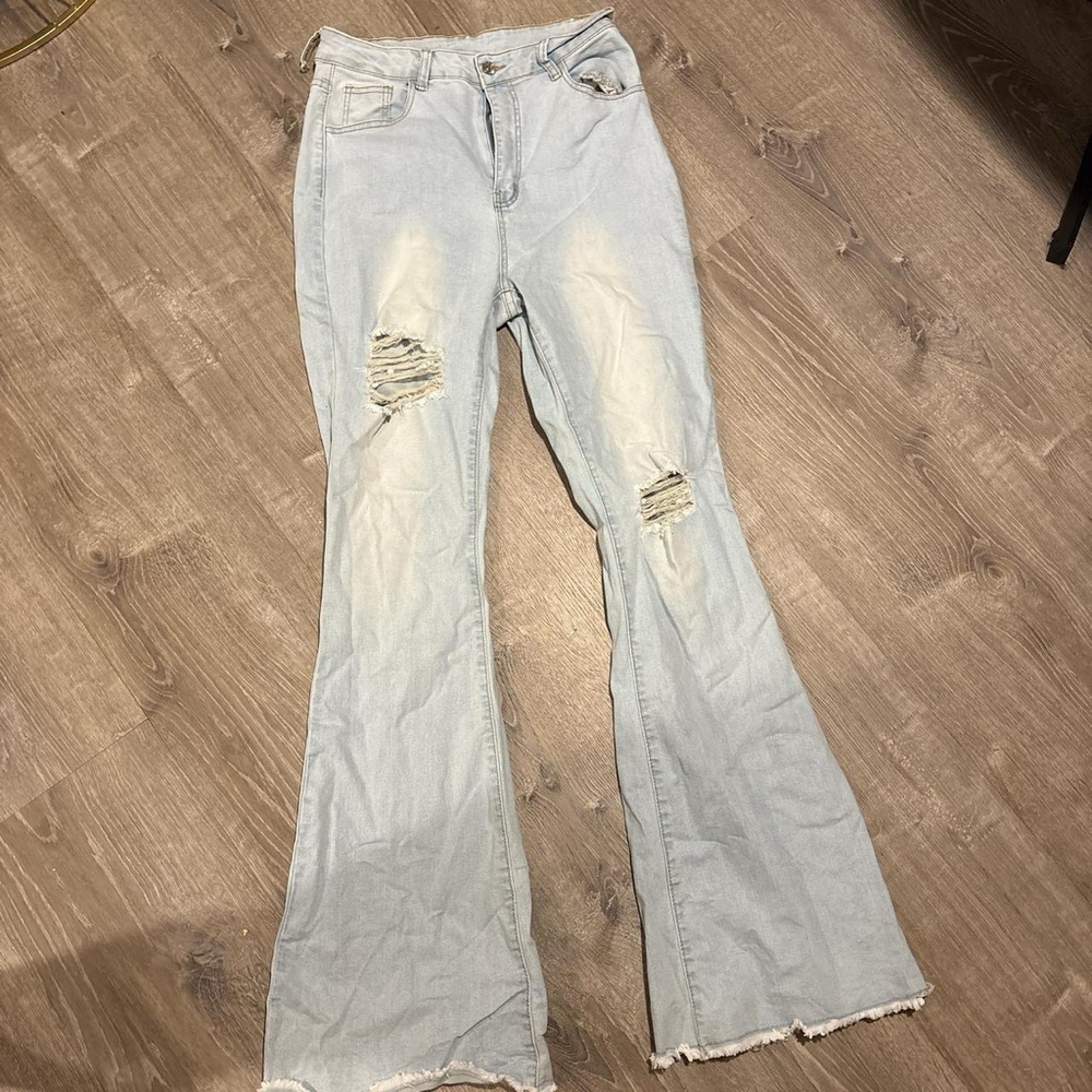 SHEIN Light Blue Ripped Flare Jeans